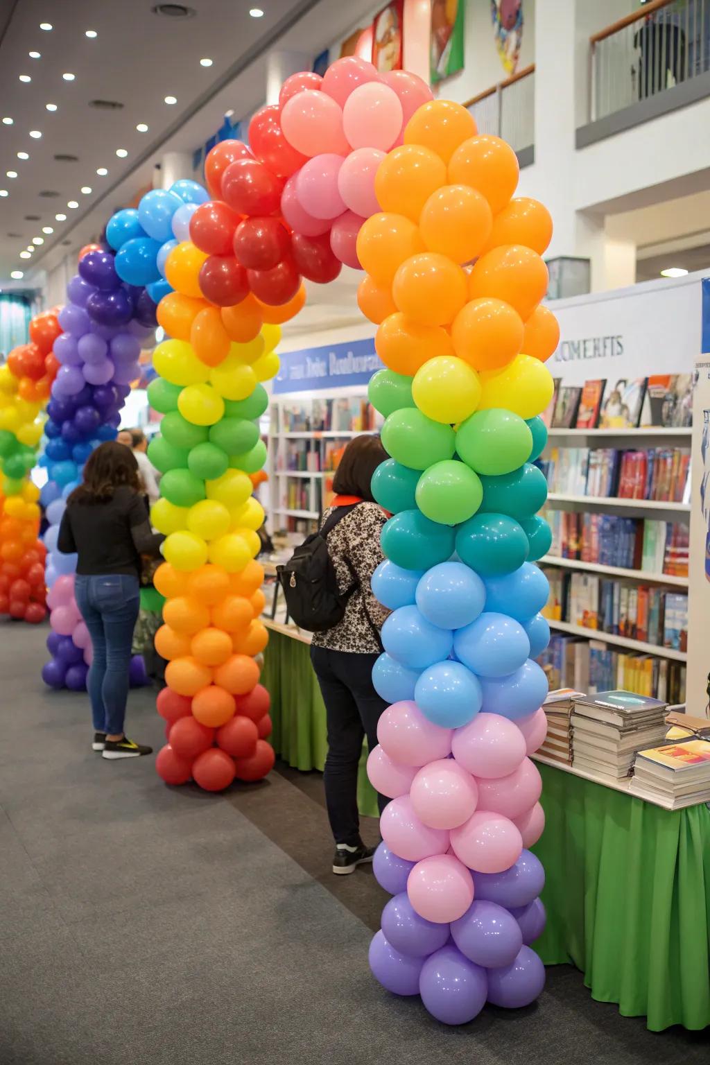 Colorful balloon bouquets brighten the book fair.
