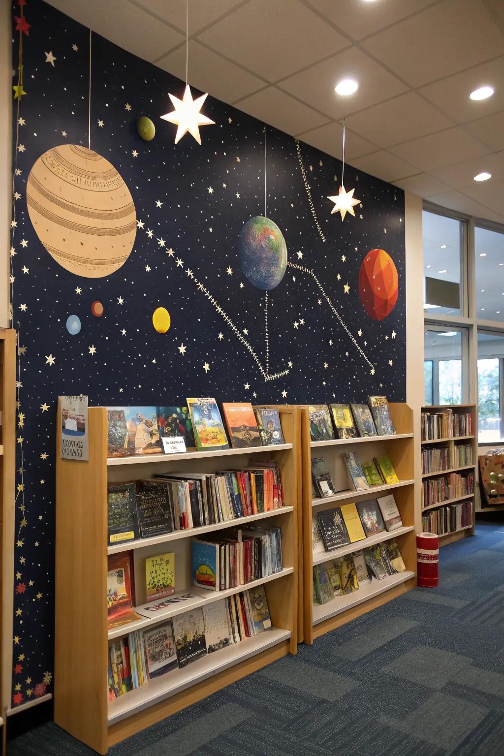 A space-themed display corner at the book fair.