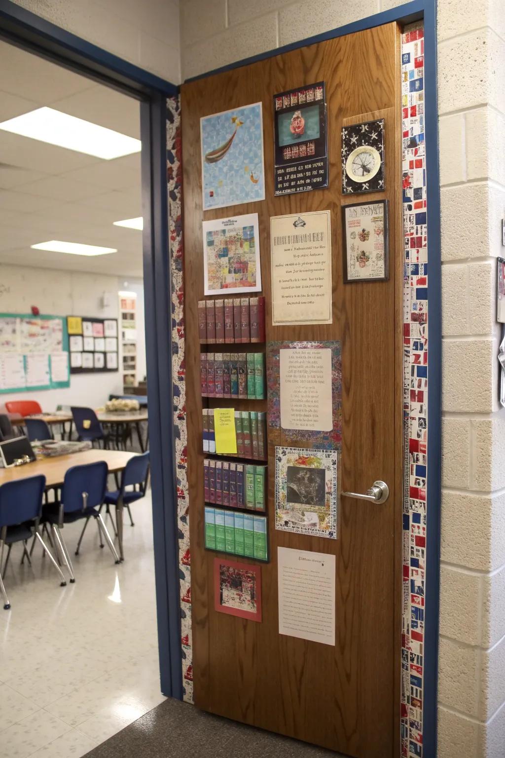 Classroom doors decorated with creative book themes.