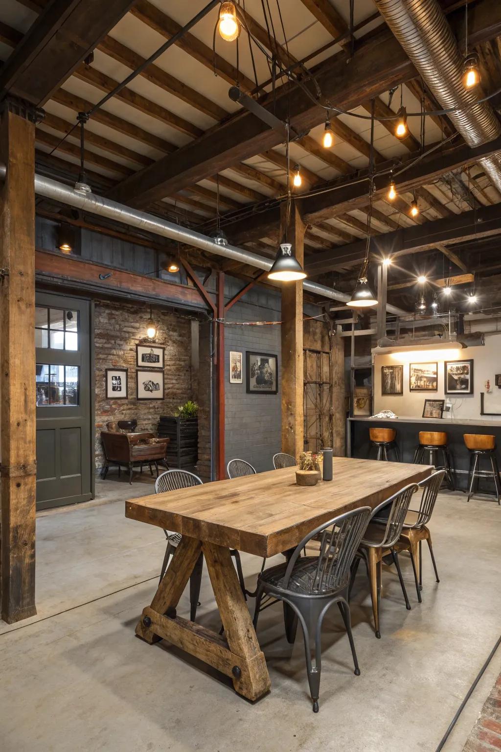 Industrial decor adds a rugged, authentic vibe.