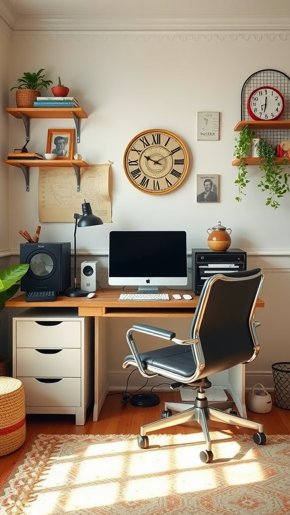A vintage-style workspace featuring a desk, computer, and retro decor.