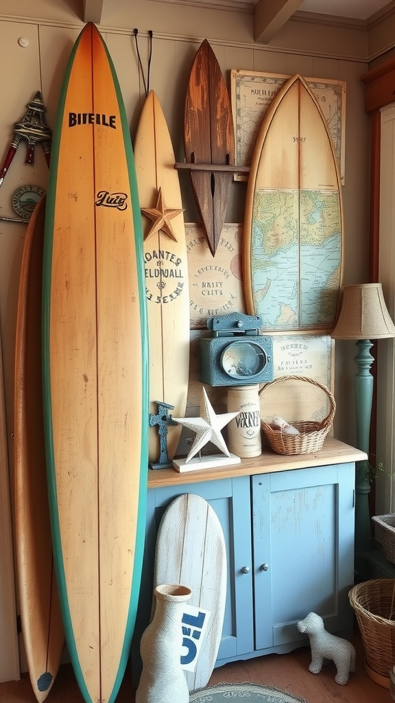 A cozy interior featuring vintage surfboards and beach decor accents.