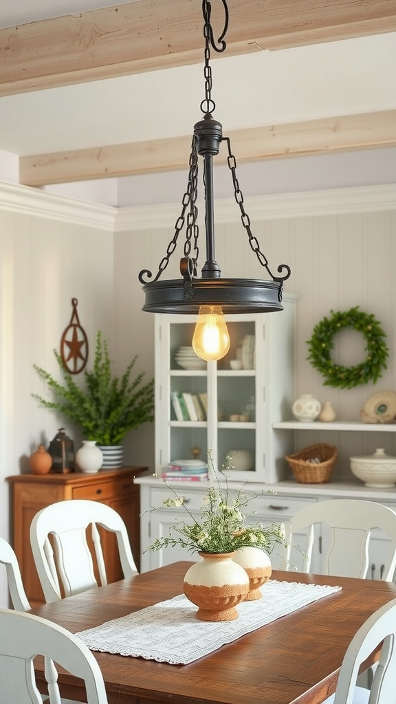 A vintage hanging light fixture above a wooden dining table with decorative vases.