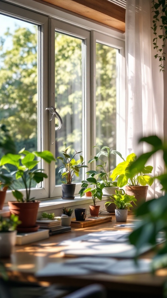 A cozy office space with plants on a windowsill, showcasing natural light