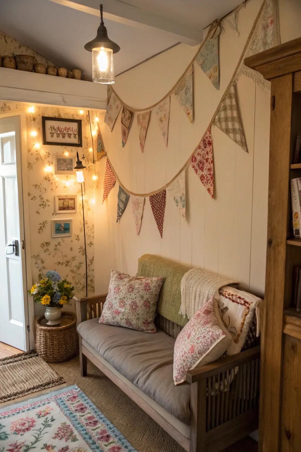 Vintage fabric banners evoke rustic warmth and charm.