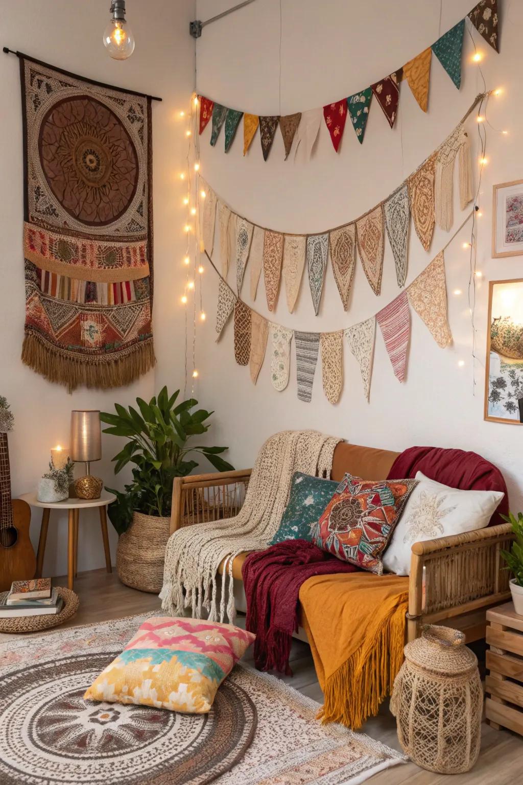 Eclectic banners evoke a free-spirited boho vibe.