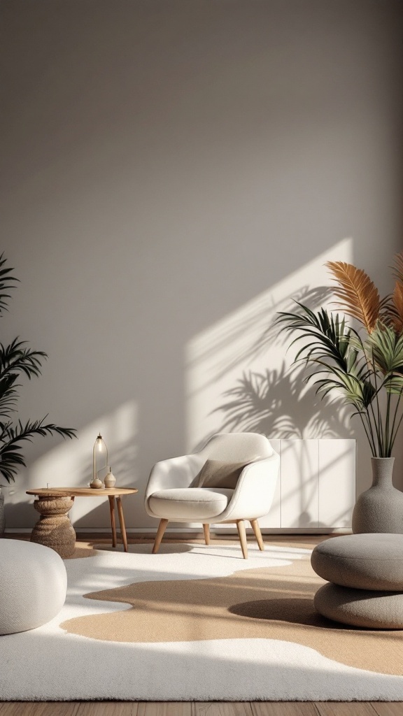 A cozy living room with soft textures and bold shapes.