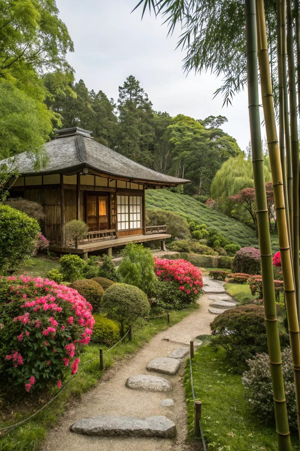 A traditional teahouse surrounded by greenery in a Japanese garden.
