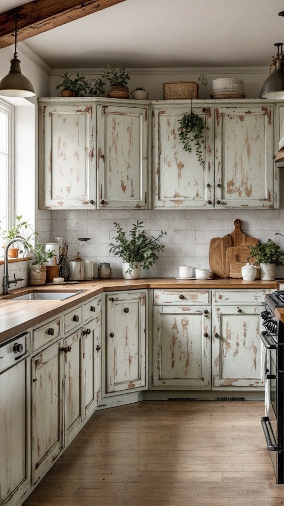 A kitchen with weathered cabinets and natural decor.