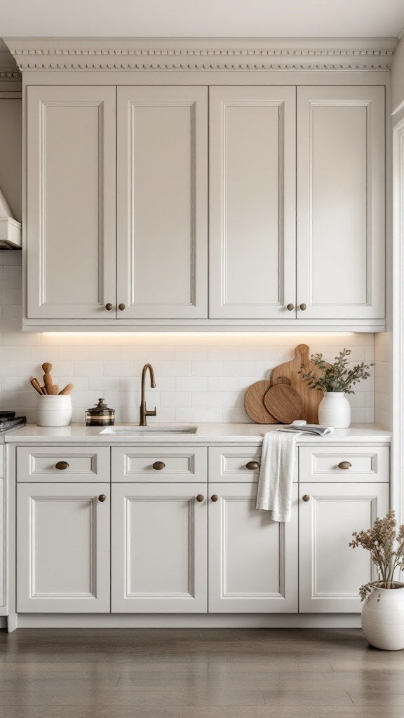 Stylish kitchen cabinets with crown molding and warm lighting.