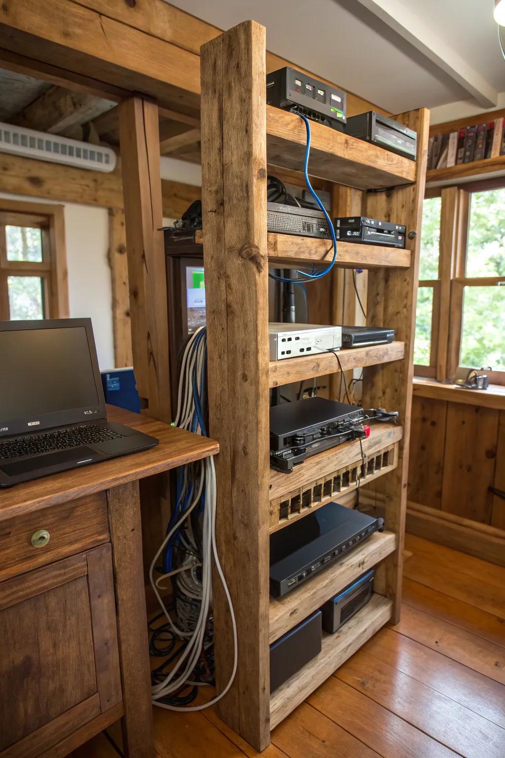 Craft a custom wooden rack for a unique network setup.
