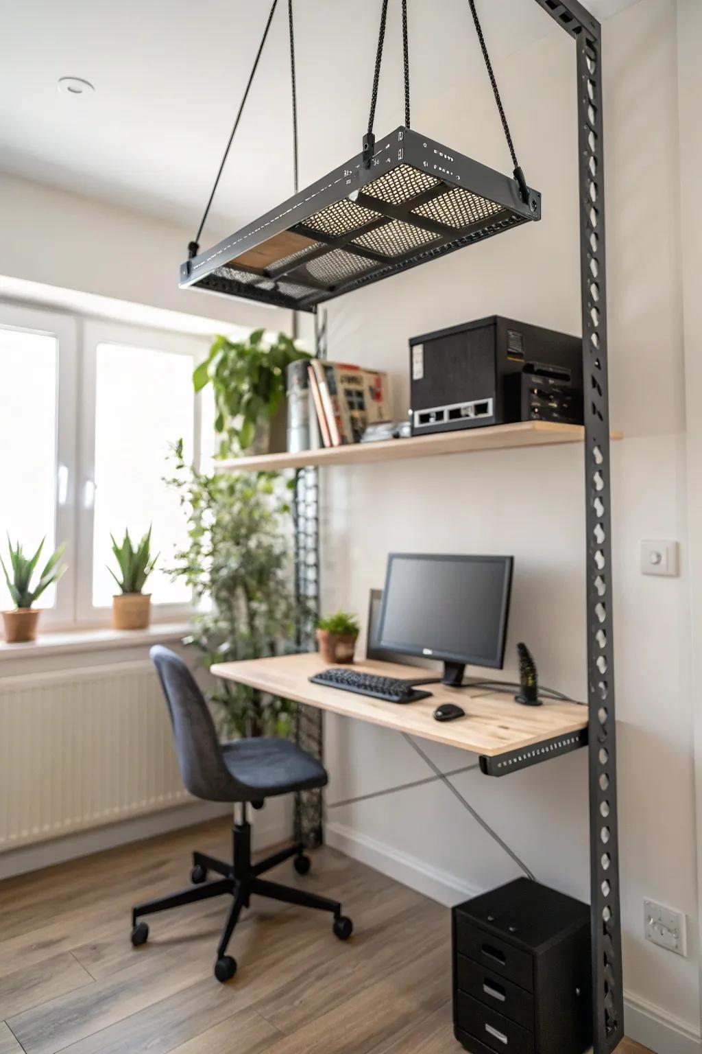 Floating shelves create an airy feel for your network gear.