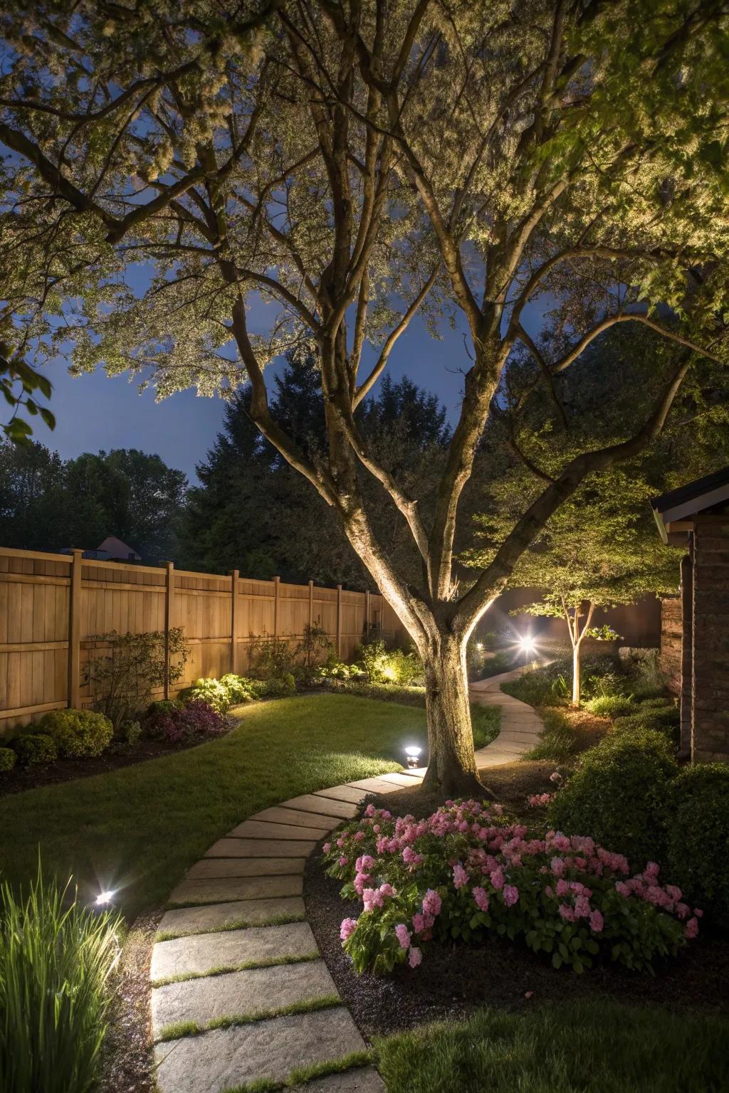 Spotlights emphasize key garden features beautifully.