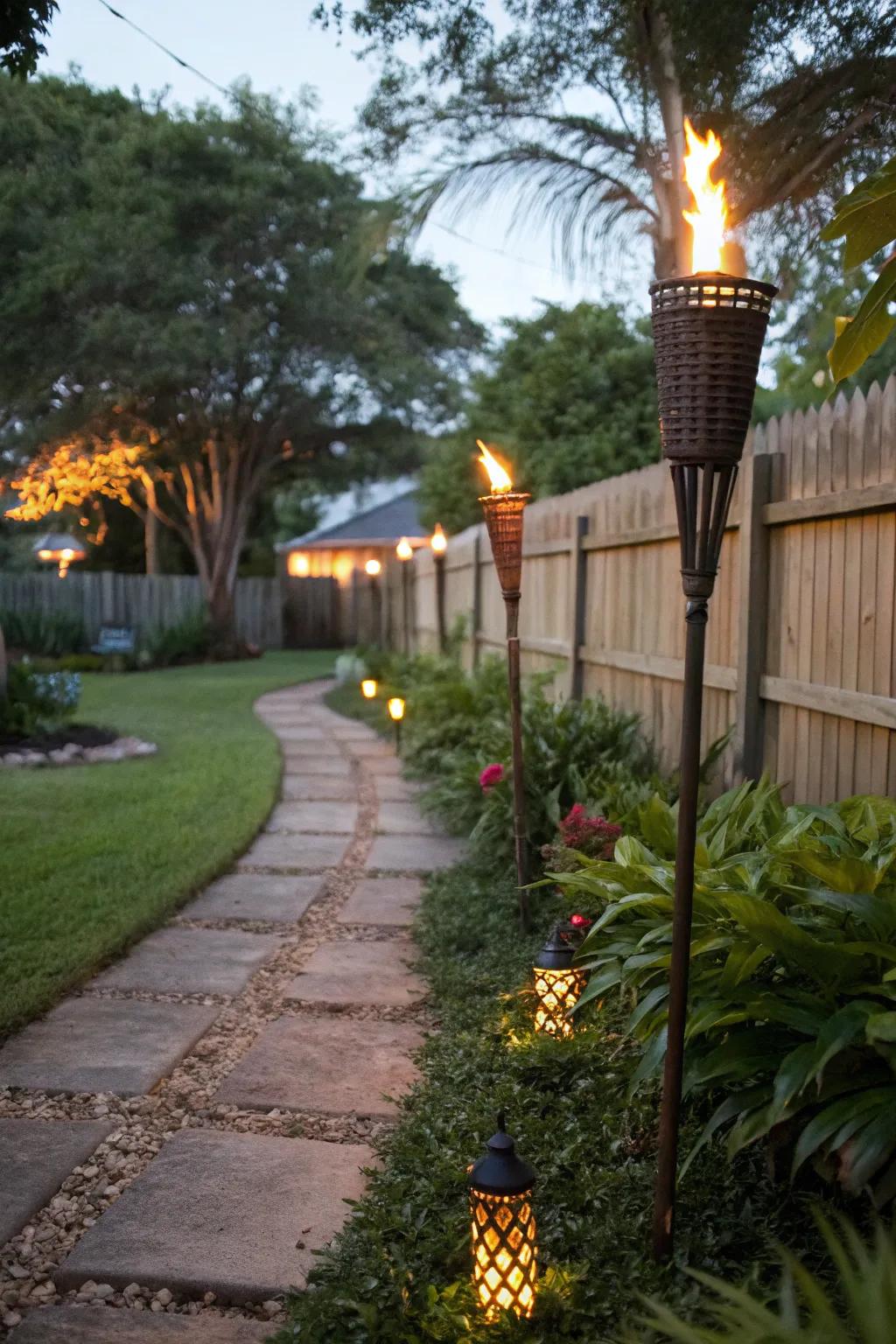 Tiki torches create a festive tropical atmosphere outdoors.