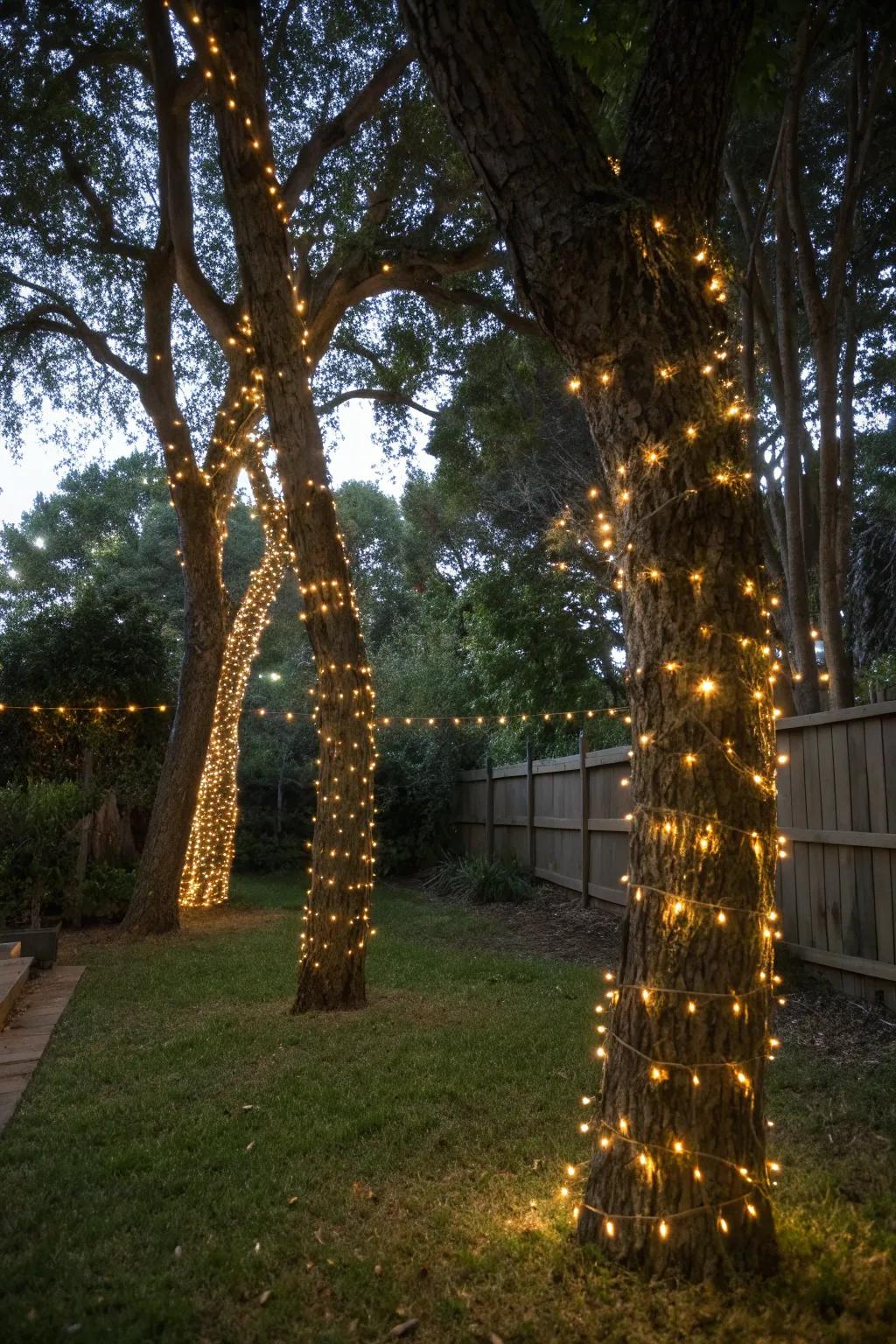 Fairy lights wrapped on trees create a magical garden atmosphere.