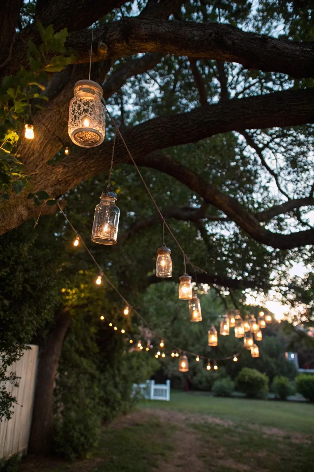 Mason jar lights add a handcrafted rustic feel to outdoor decor.