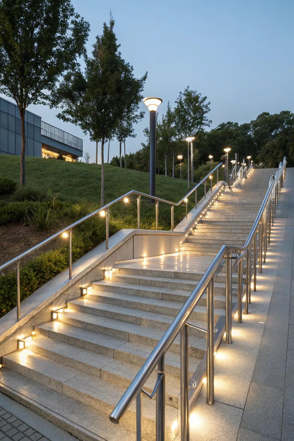 Rail lighting enhances safety and adds a refined finish to outdoor stairs.