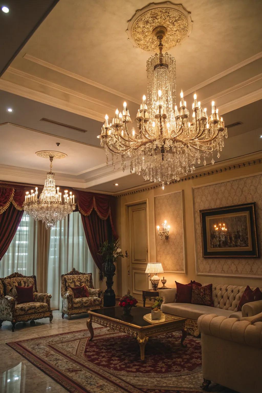 A glamorous chandelier serving as a ceiling centerpiece.