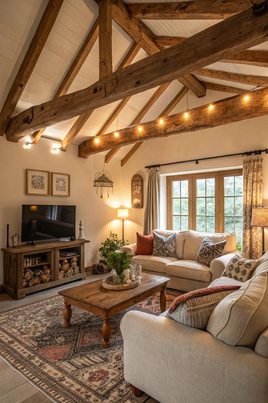 Exposed wooden beams adding rustic warmth to a cozy room.