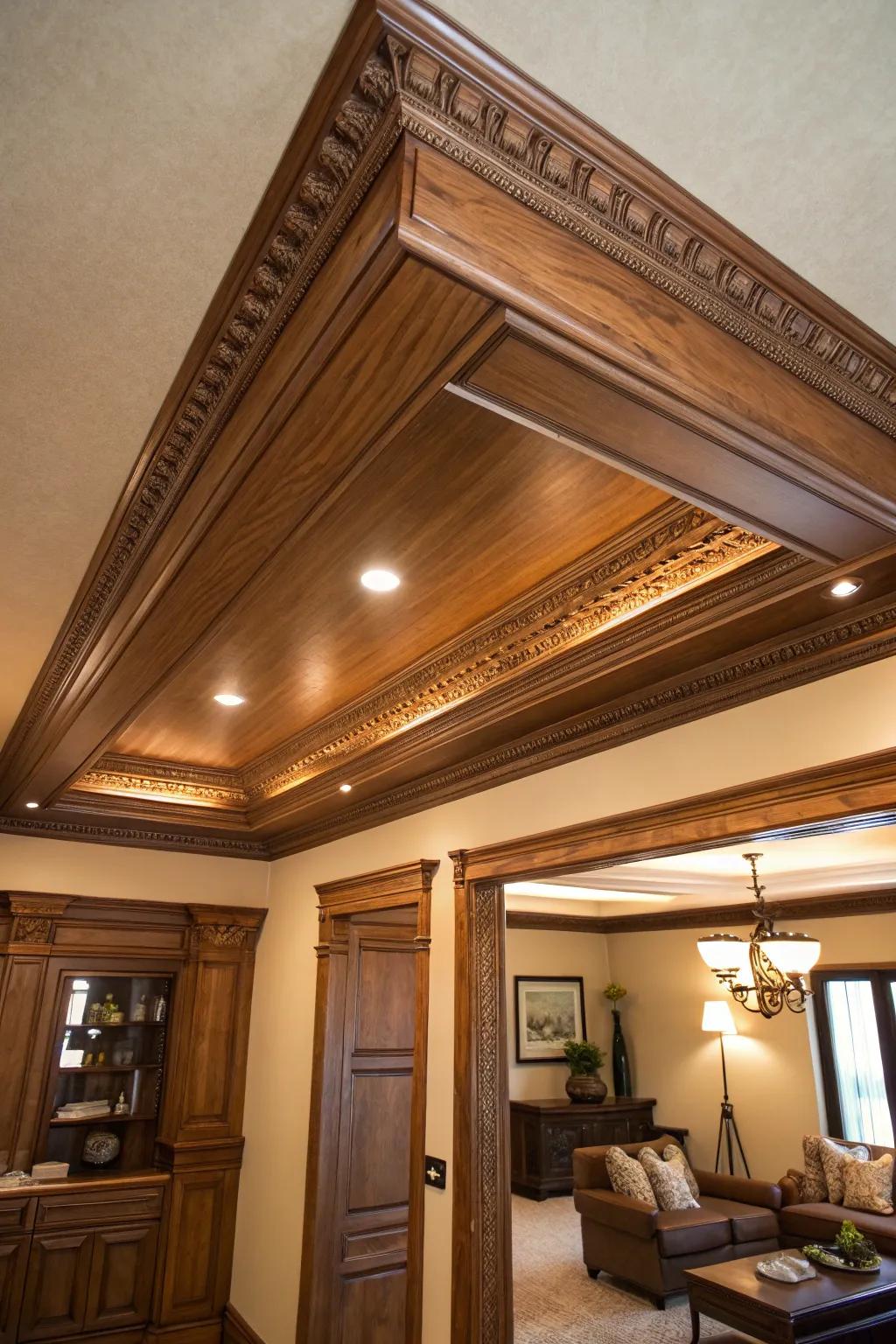 Stained wood crown molding adding warmth and elegance.