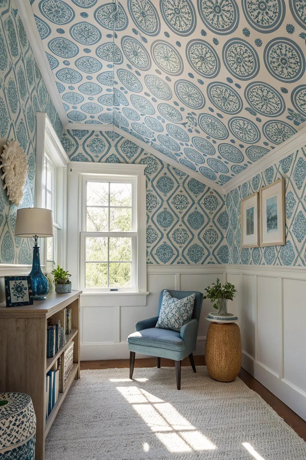 Wallpapered ceiling creating a distinctive texture and focal point.