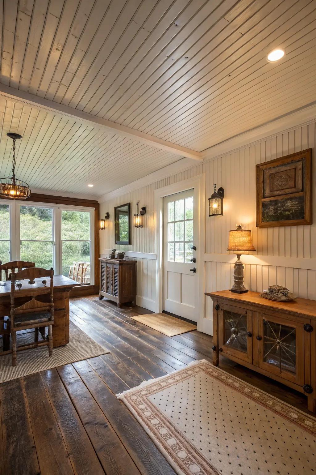 Beadboard panels adding texture and charm to a cozy cottage-style room.
