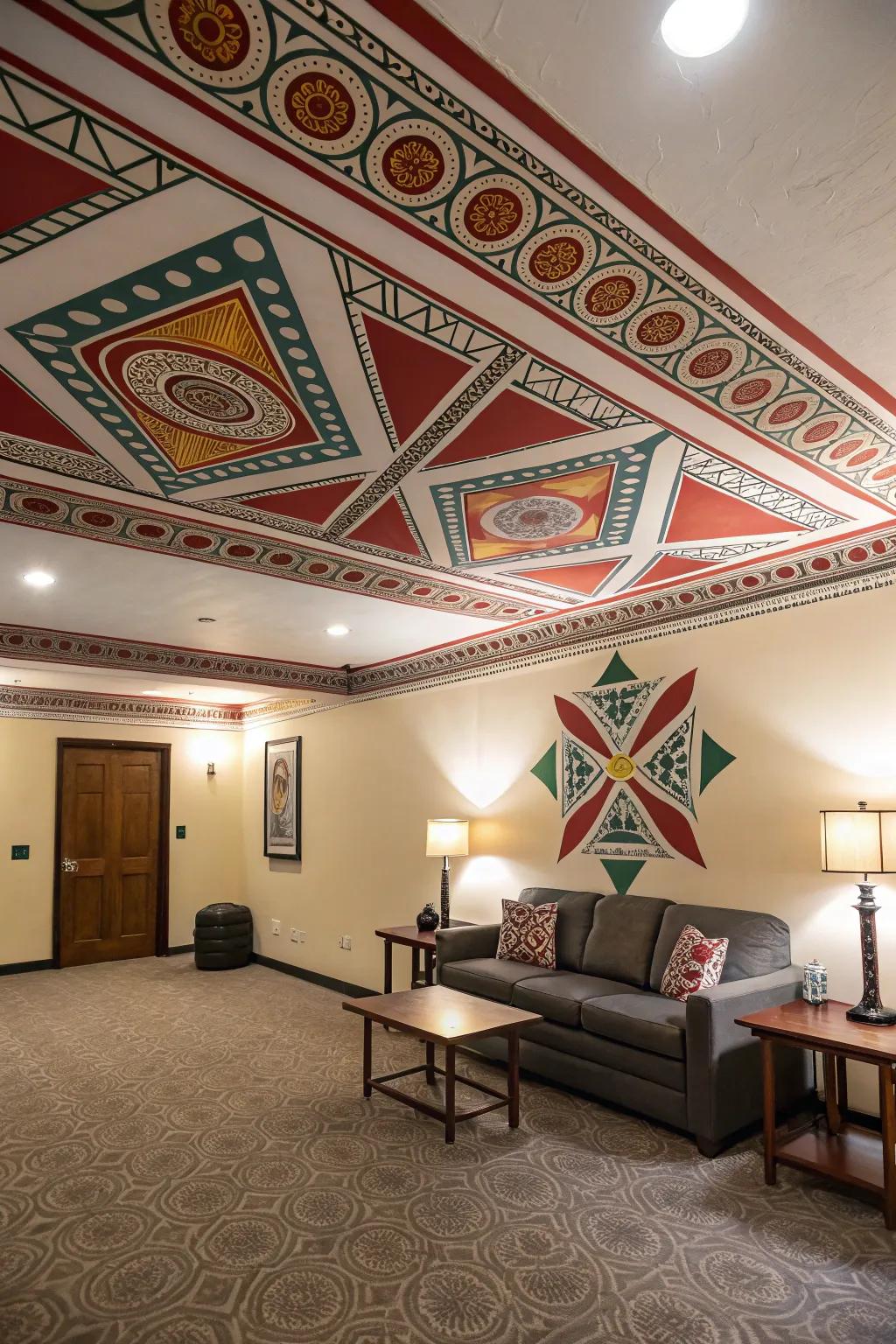 Vibrant patterned ceiling adding personality and energy.