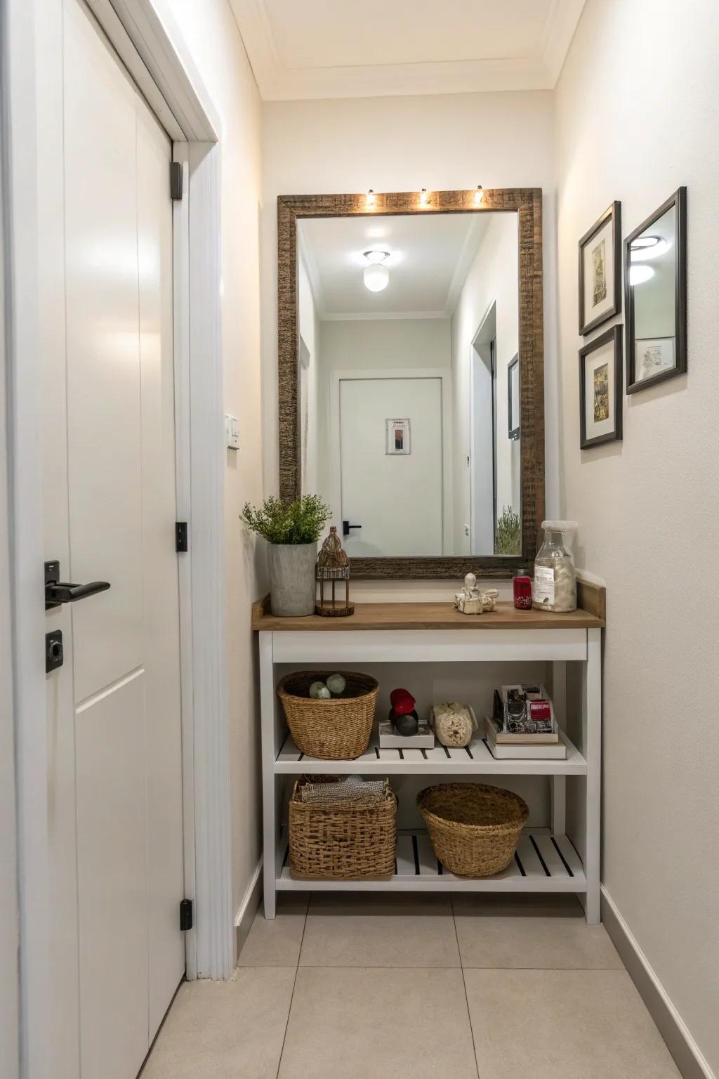 Floating shelf combined with mirror for organized hallways.