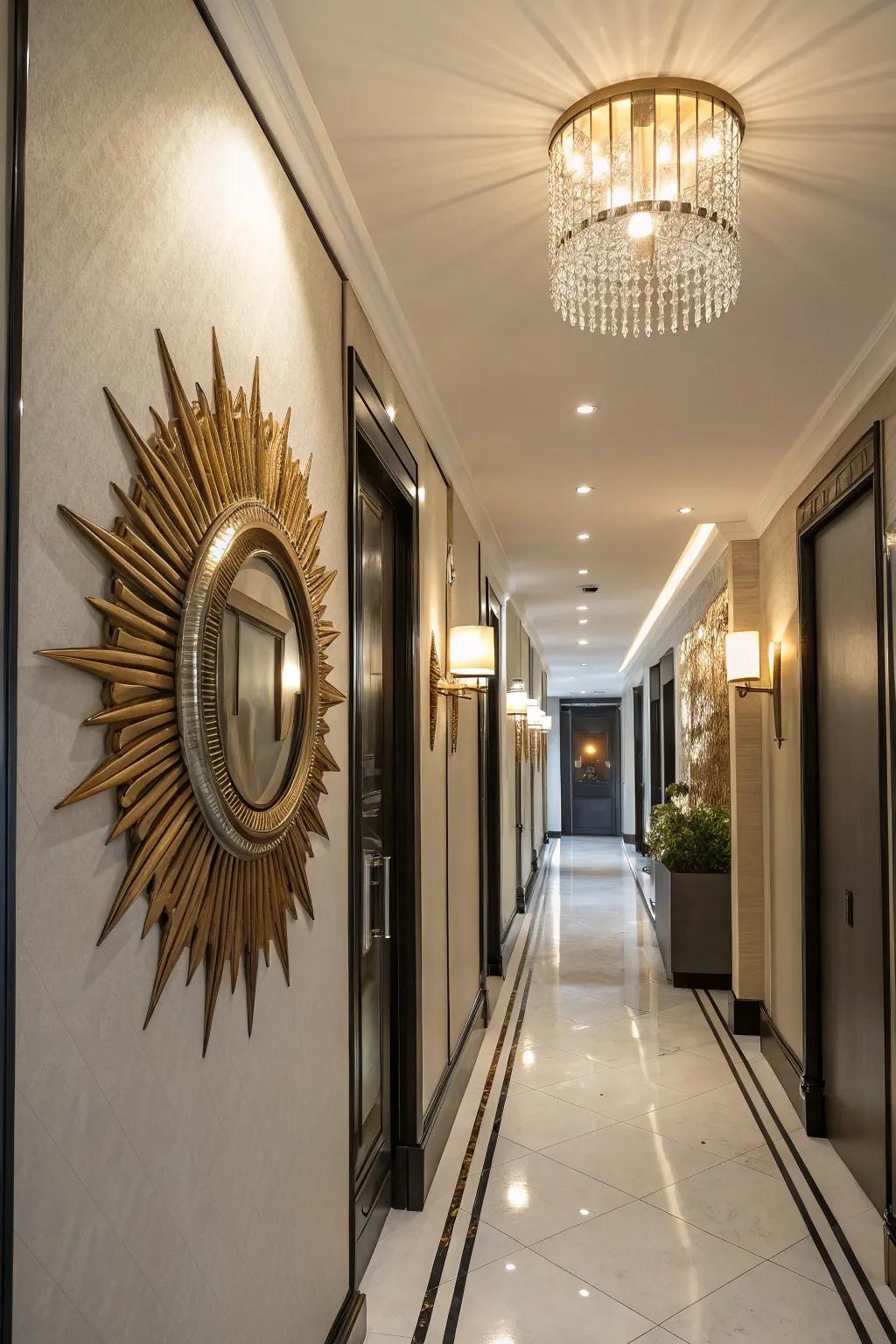 Sunburst mirrors create a vibrant and energetic focal point.