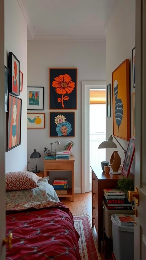 A narrow bedroom featuring various colorful wall art pieces, showcasing a cozy and personalized space.