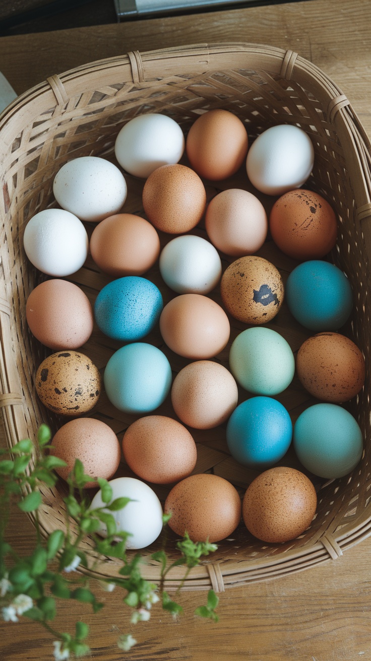 A basket filled with a variety of eggs in different colors and sizes.