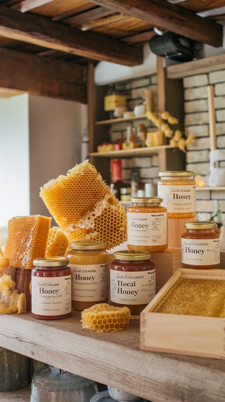 A display of various jars of local honey and honeycomb at a farmstand.