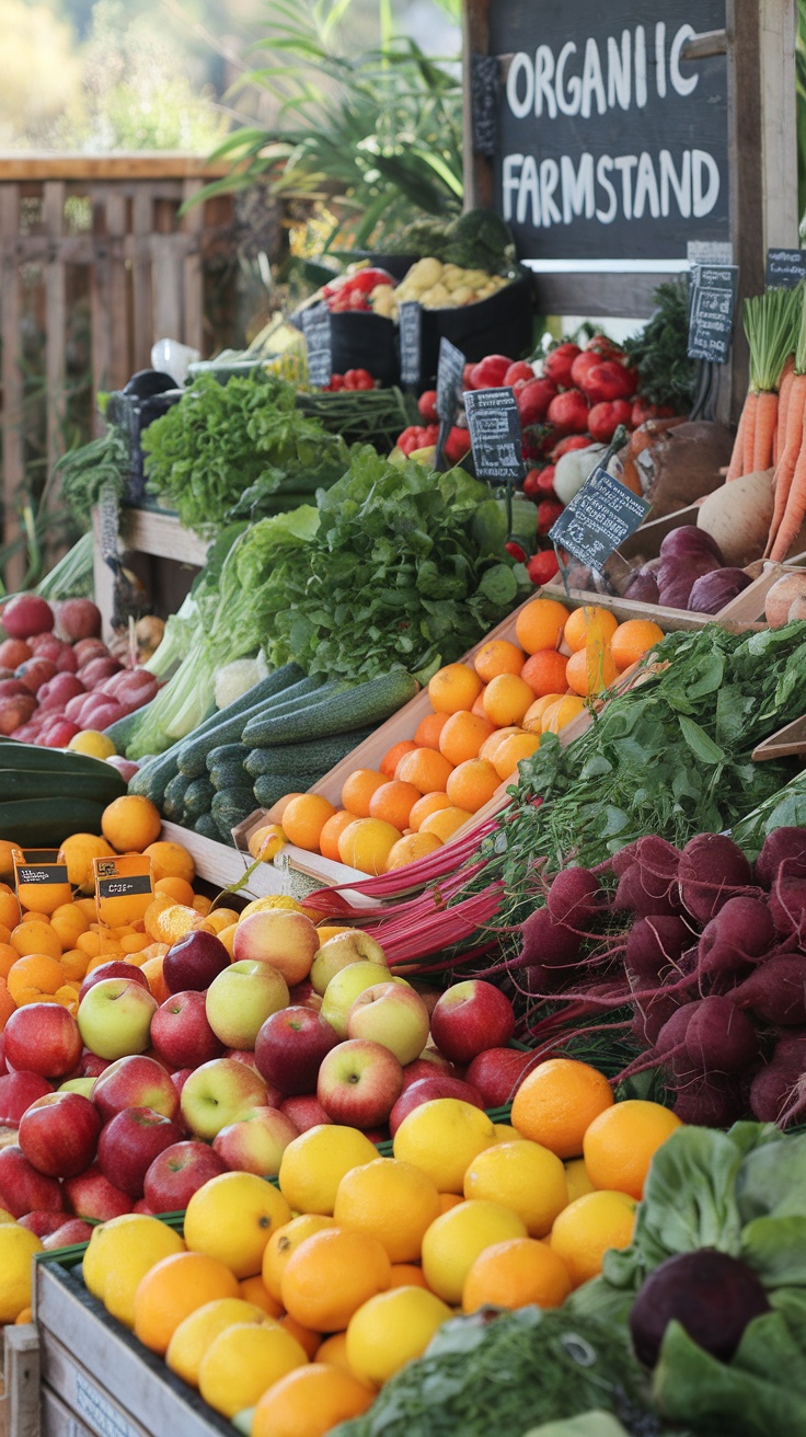 Display of fresh organic produce at a farmstand, featuring a variety of fruits and vegetables.