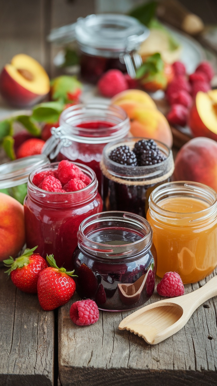 A variety of colorful jars filled with homemade jams and jellies, surrounded by fresh fruits like strawberries, raspberries, and peaches.