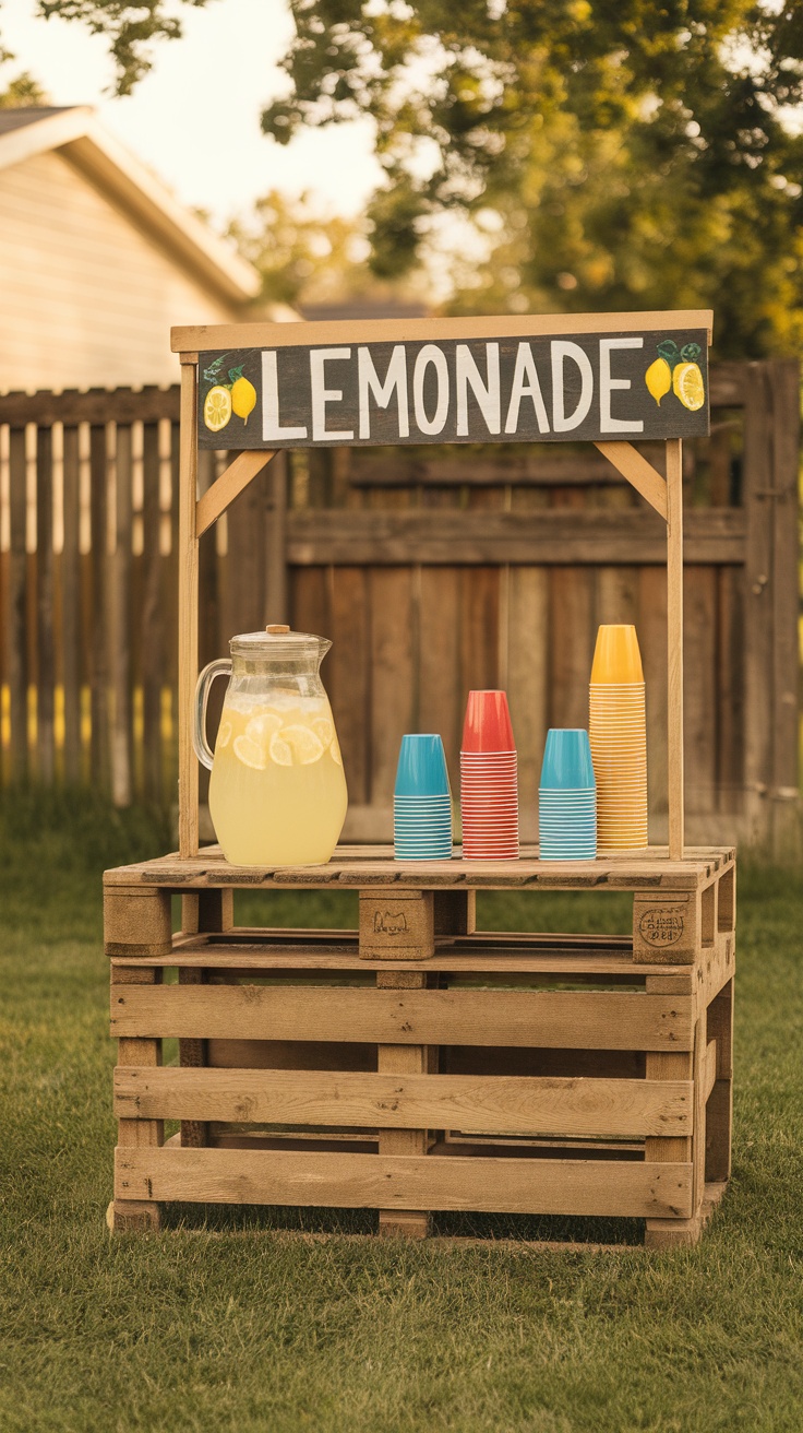 A wooden lemonade stand featuring a pitcher of lemonade and colorful cups.