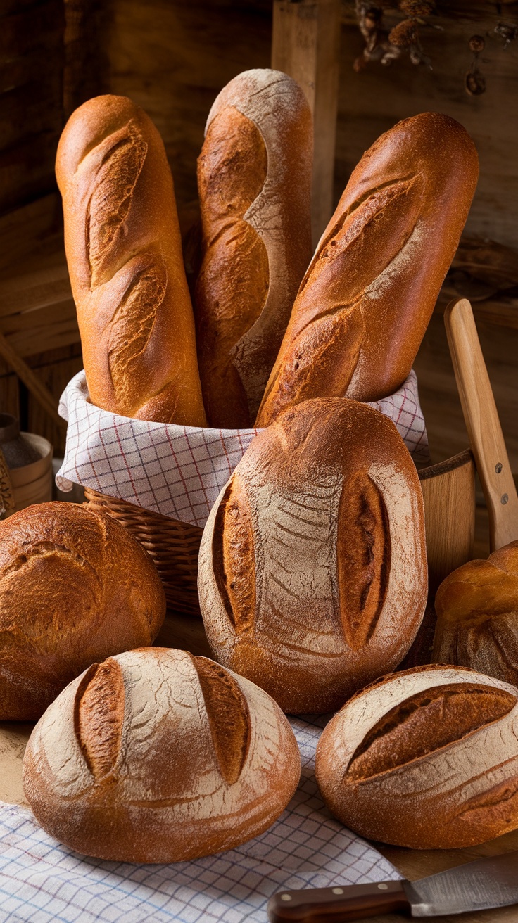 A variety of artisan breads displayed in a rustic setting.