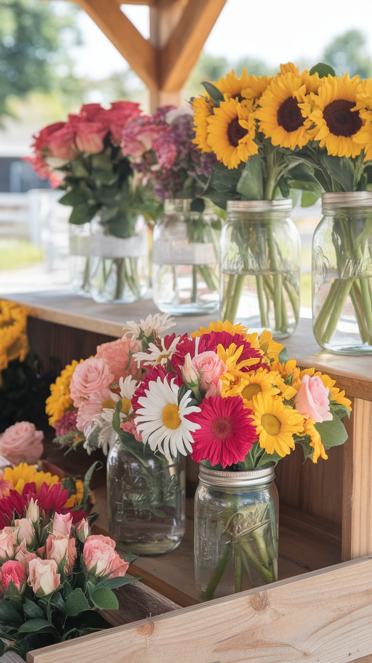 A display of colorful seasonal flower bouquets in jars at a farmstand.