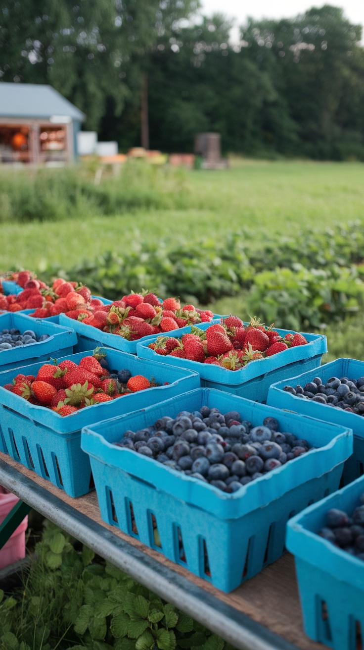 Baskets filled with fresh strawberries and blueberries on a table at a farmstand.