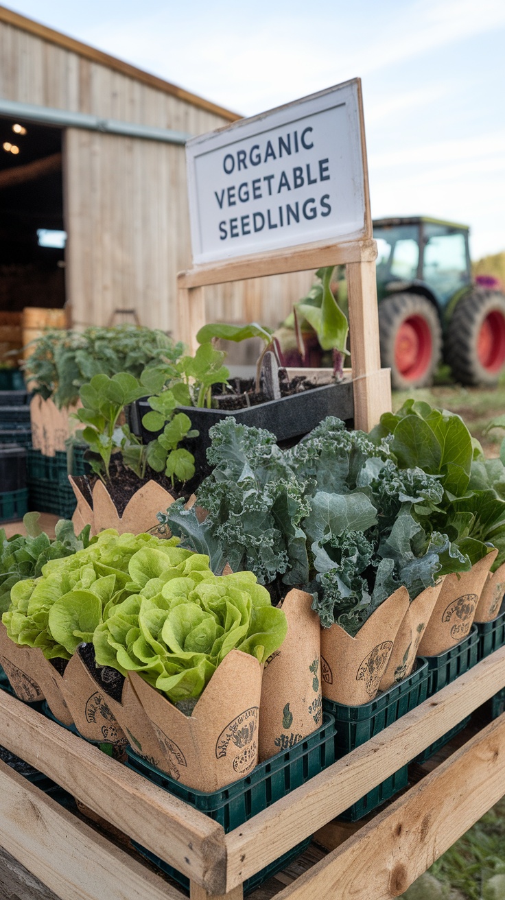 A display of organic vegetable seedlings for sale at a farmstand.
