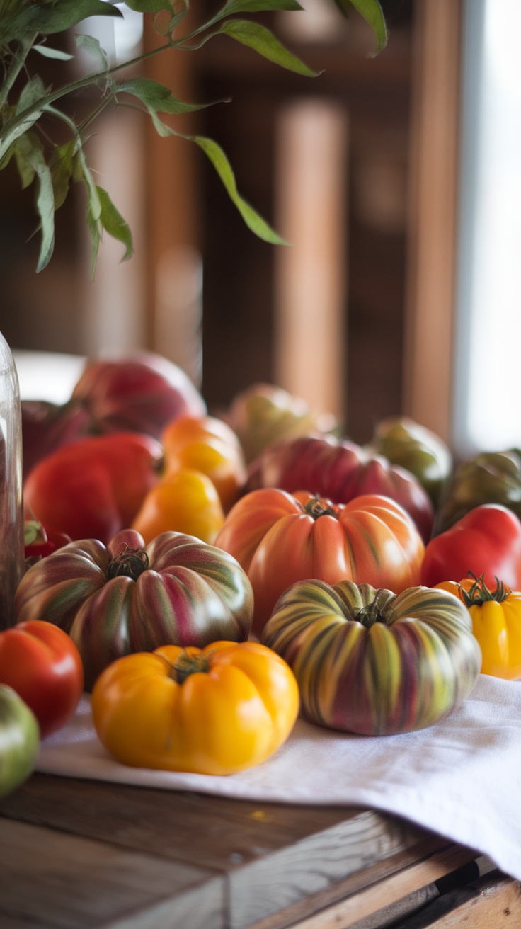 A variety of heirloom tomatoes in different shapes and colors on a wooden table.