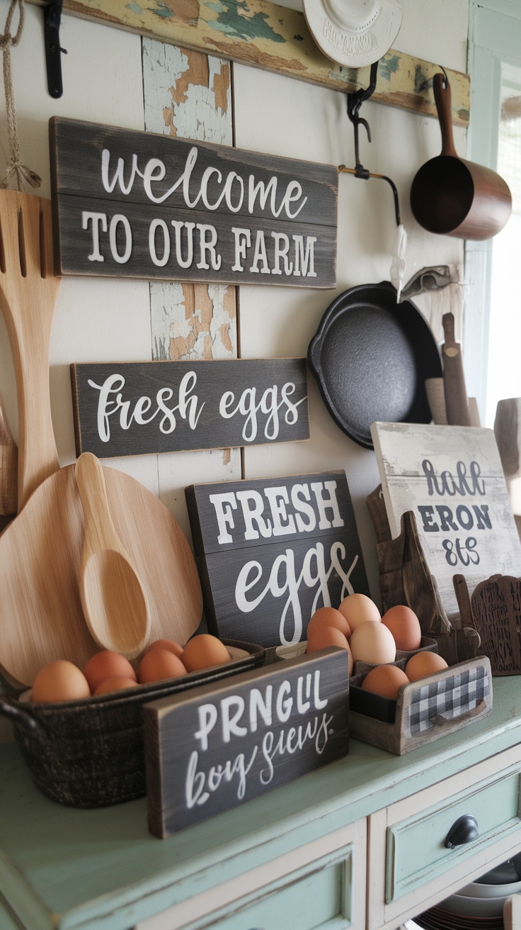 A cozy farmhouse kitchen display with wooden signs, fresh eggs, and rustic utensils.