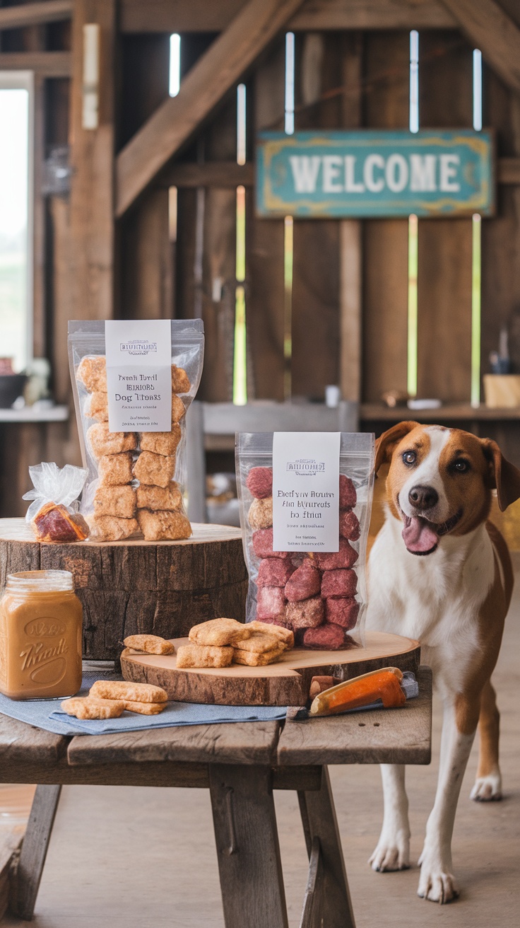 A display of homemade dog treats with a happy dog in a rustic farm setting.