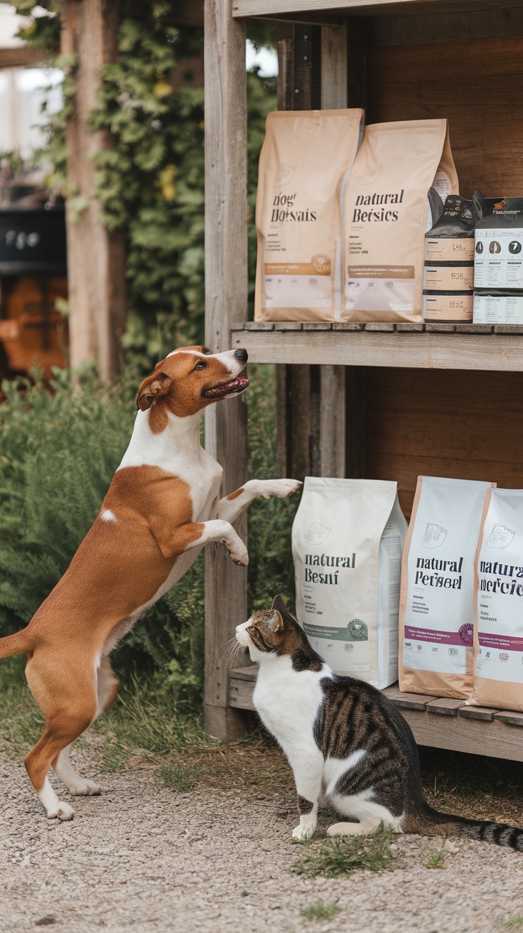 A dog and a cat at a farmstand looking at bags of natural pet food.