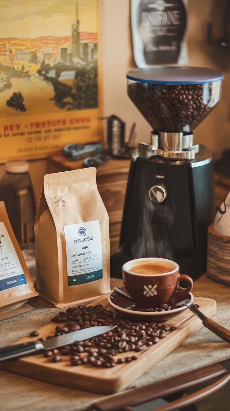 A setup featuring freshly roasted coffee beans, a coffee grinder, and a steaming cup of coffee on a wooden table.
