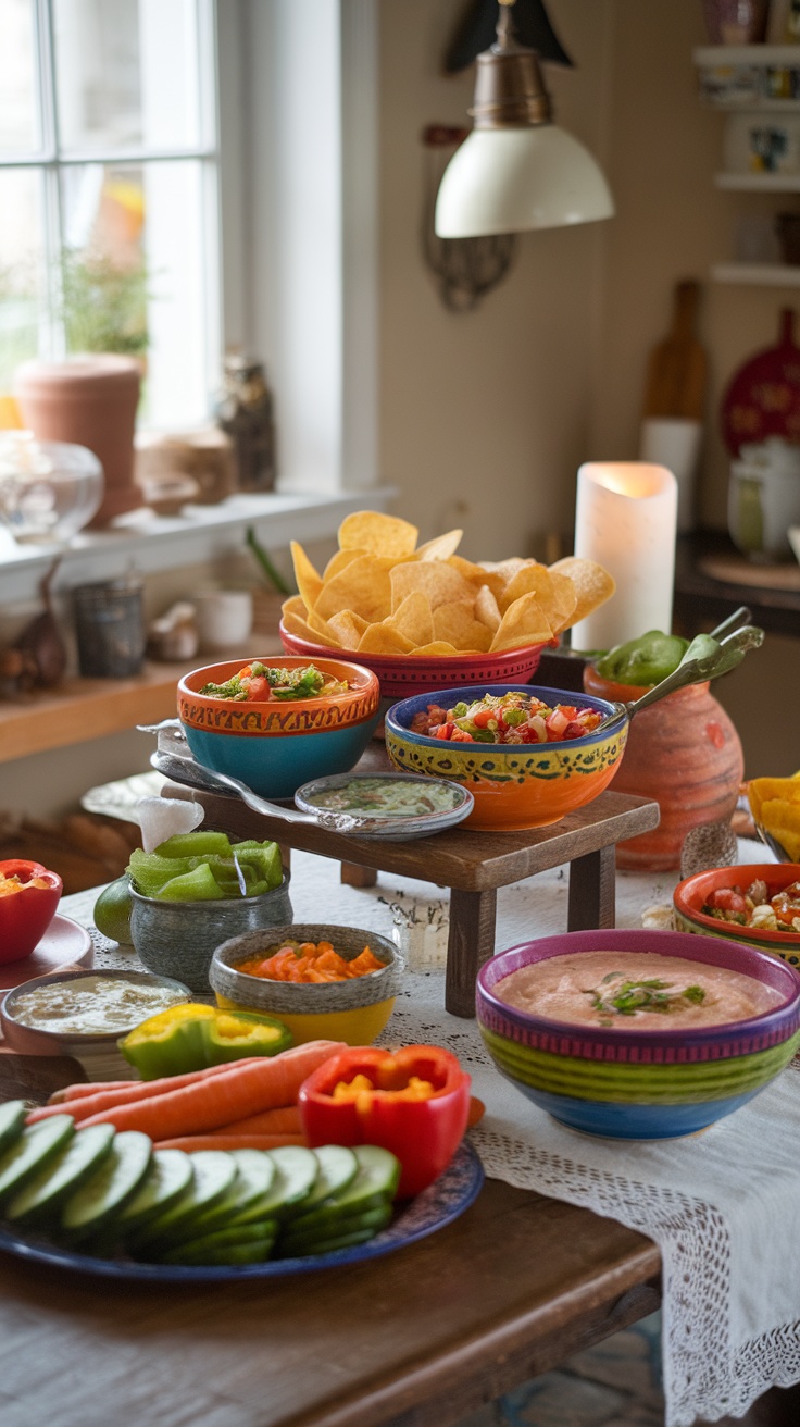 A variety of homemade salsas and dips displayed with fresh vegetables and tortilla chips.