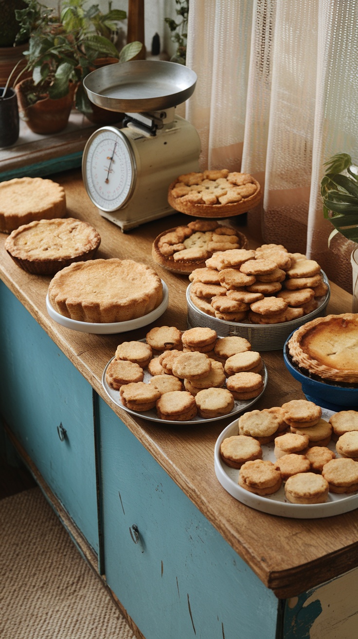 A display of various baked goods including cookies and pies on a wooden table
