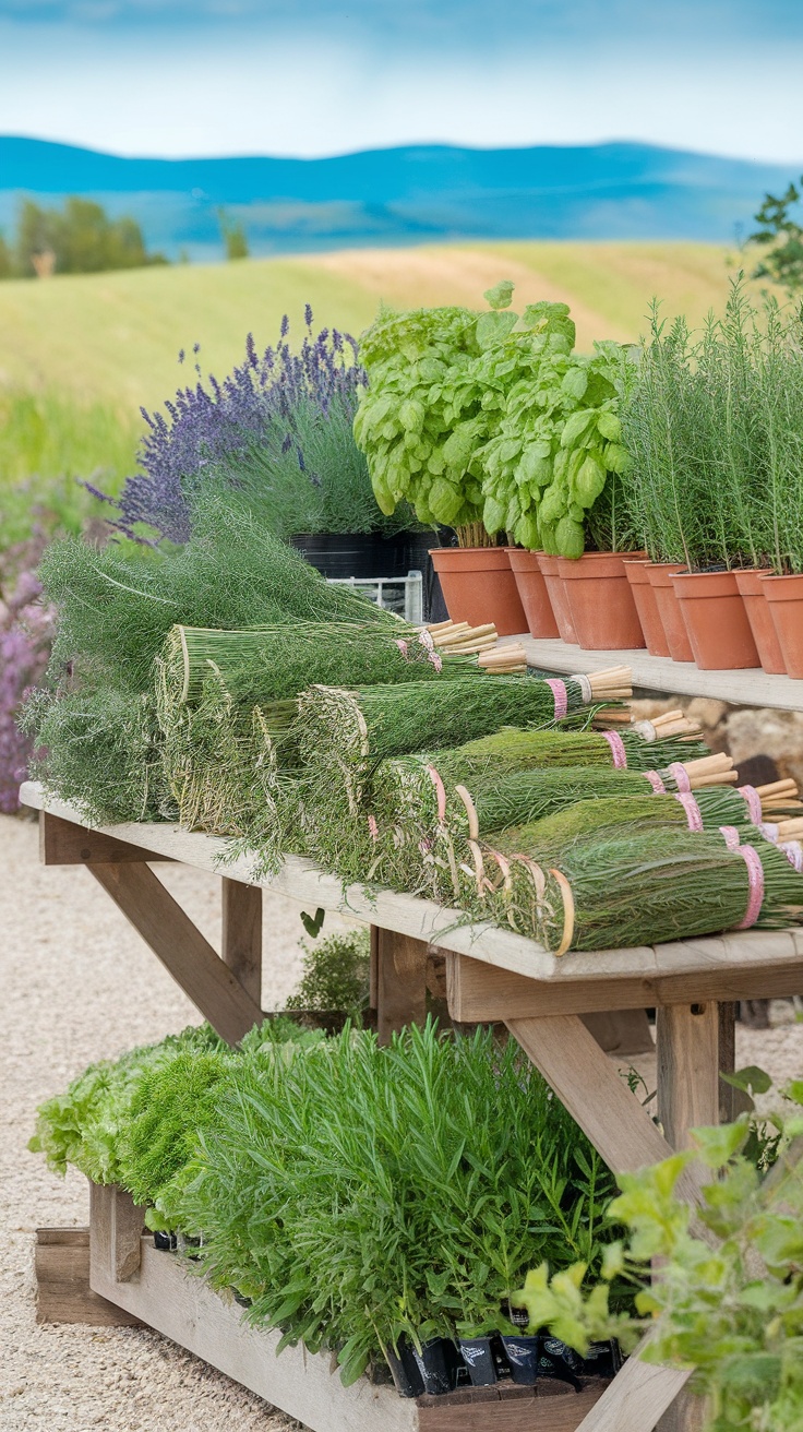 A farmstand display featuring herb bundles and potted plants with a scenic background.