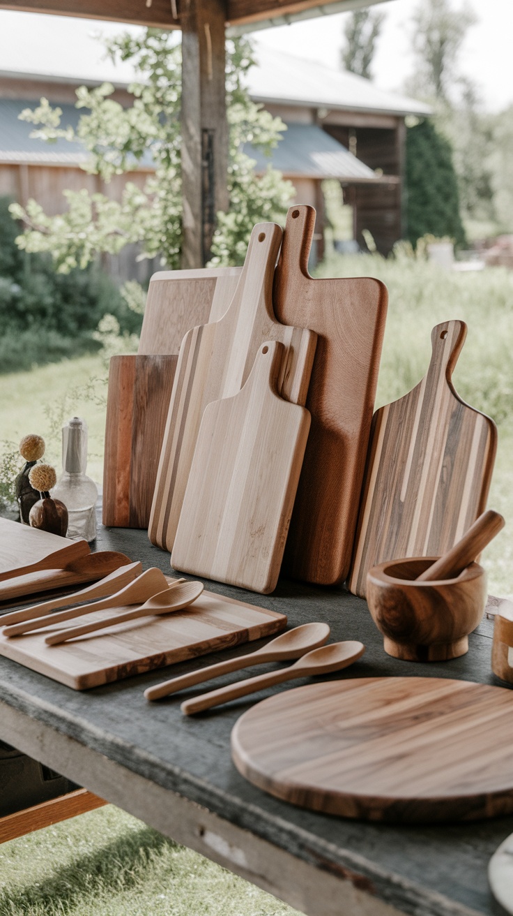 A display of various crafted wooden kitchen items, including cutting boards and utensils, on a rustic table.