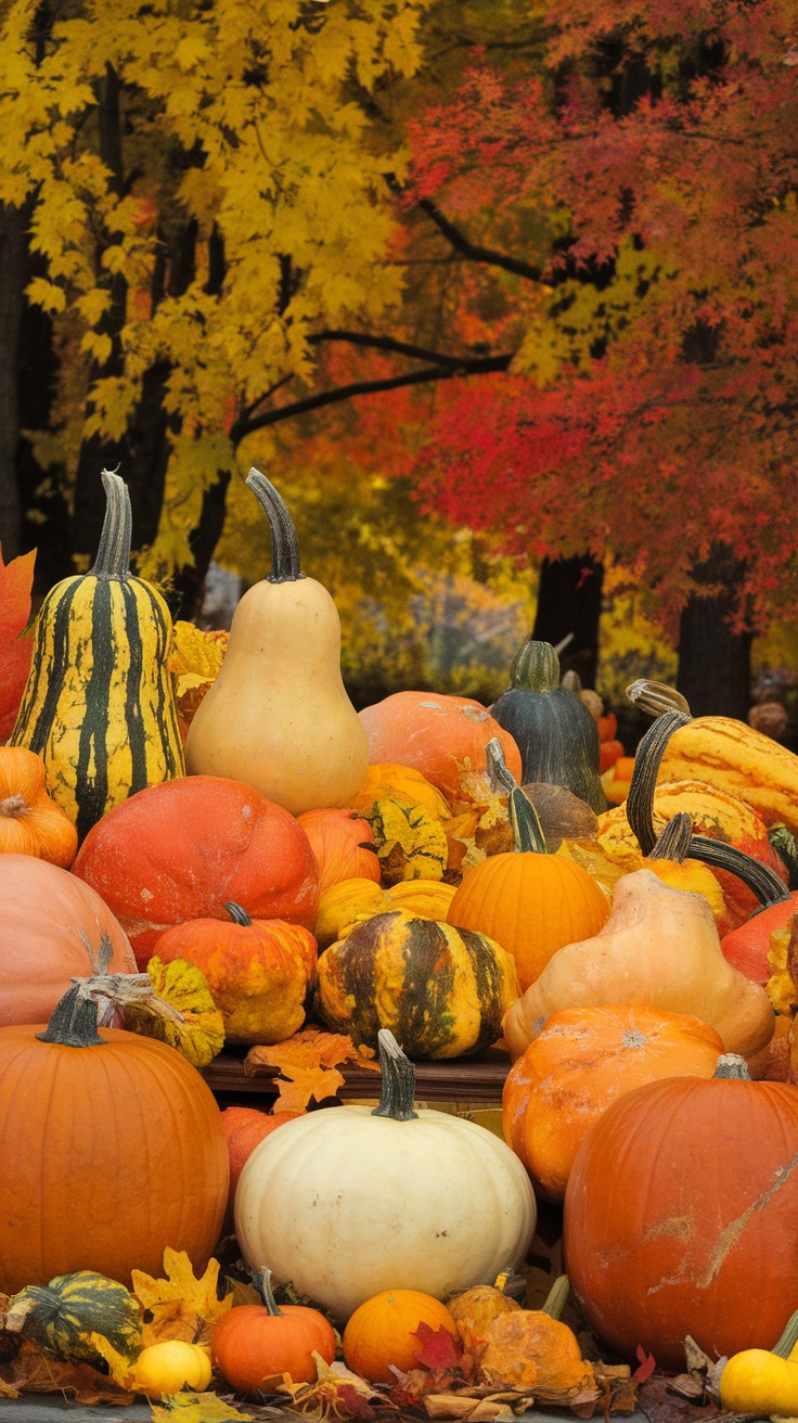 A colorful display of pumpkins and gourds in fall