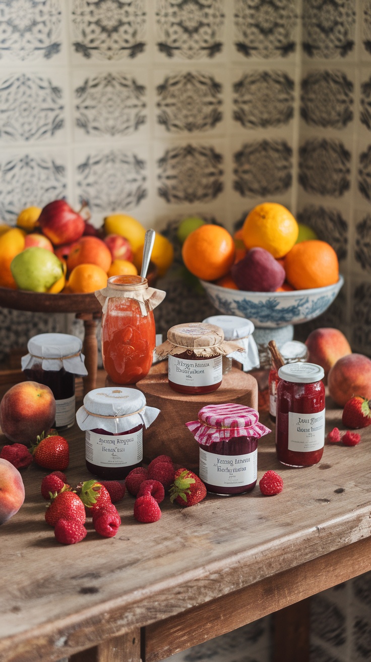 A variety of colorful homemade jams and preserves displayed with fresh fruits.